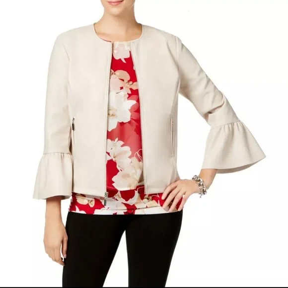 Red Faux Leather Pleather Jacket Collarless Ruffle Sleeve Alfani Petite Medium - Picture 10 of 10